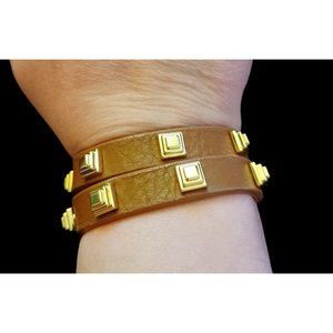 Tory Burch Brown Leather Gold Tone Studded 15.5" Long Wrap Bracelet